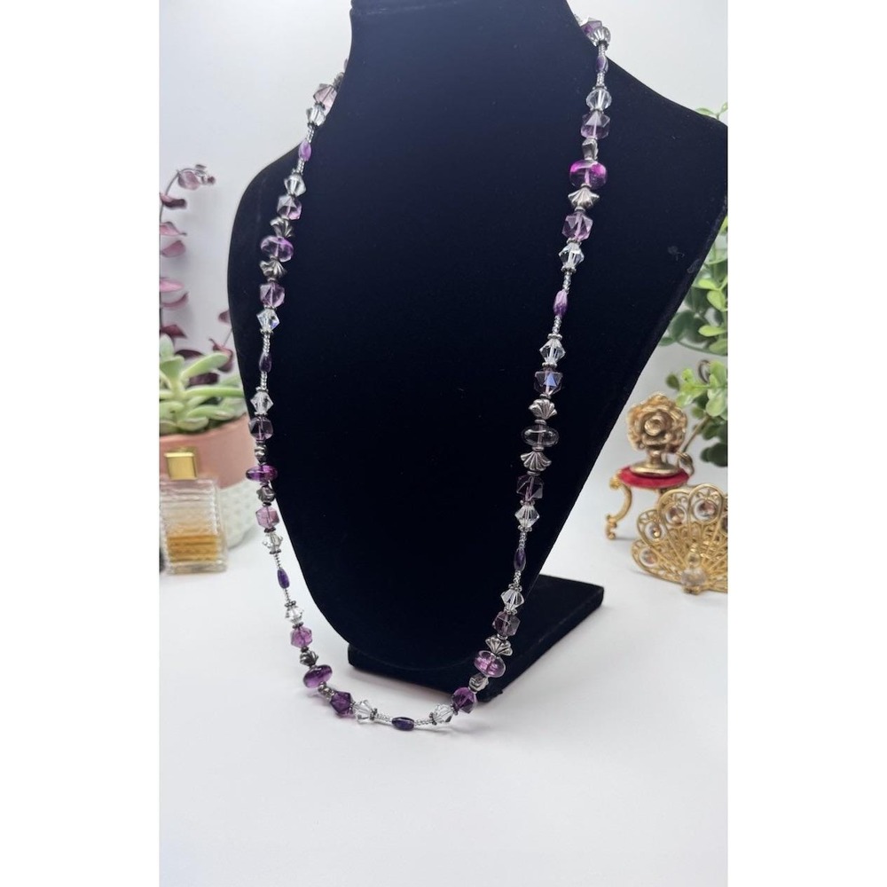 Vintage Stunning Amethyst Quartz Crystal Beaded Necklace Purple Clear Gemstone